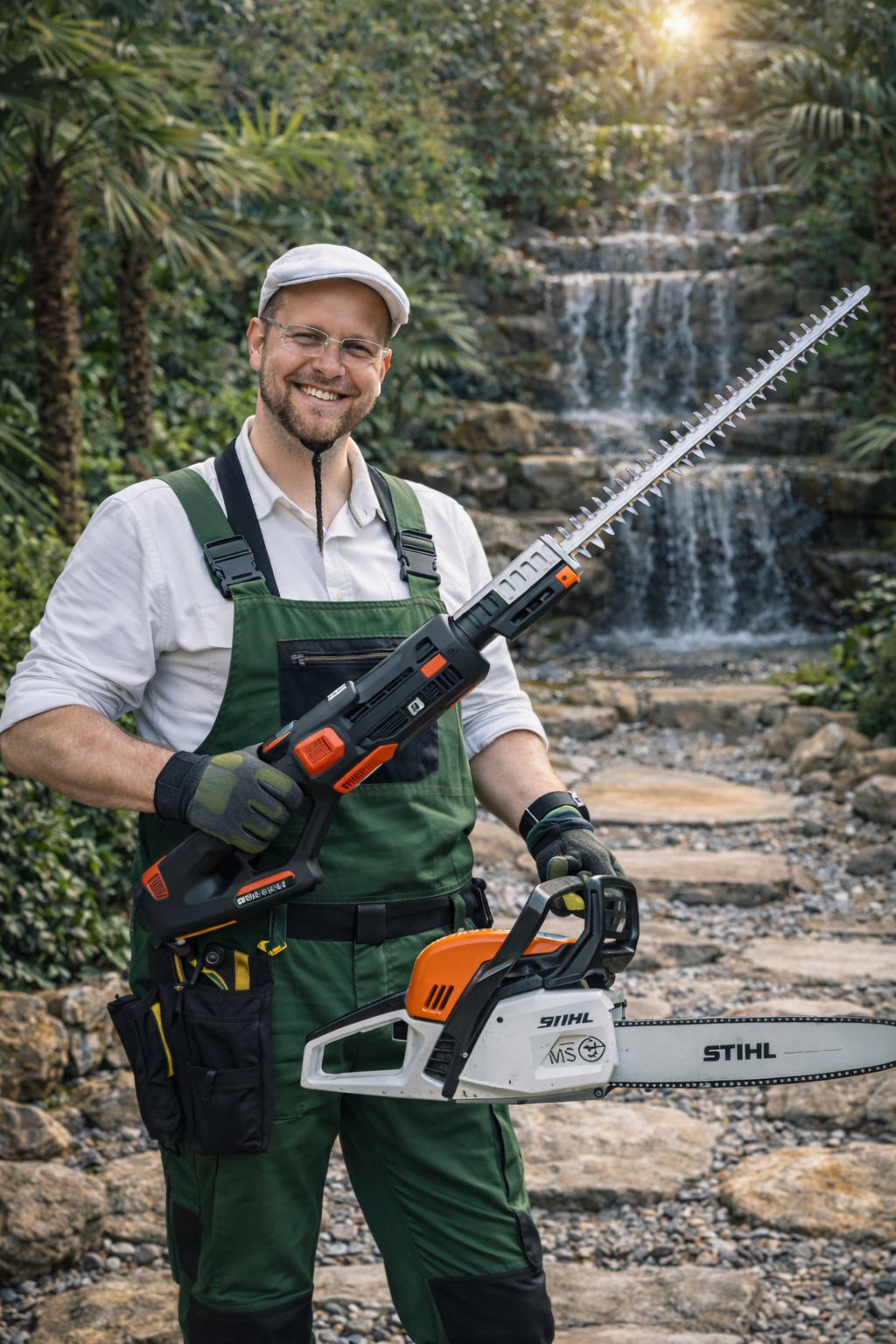Der Inhaber von Tropical Hills in grüner Arbeitskleidung mit Heckenschere und Motorsäge vor dem selbst gebauten Wasserfall im eigenen Garten